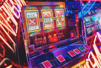 A vibrant scene featuring a classic slot machine with bright neon lights surrounding it. The slot machine displays symbols like 'Bar' and '7' and is set in a lively arcade environment. Reflections and colorful lighting add a sense of excitement and motion.